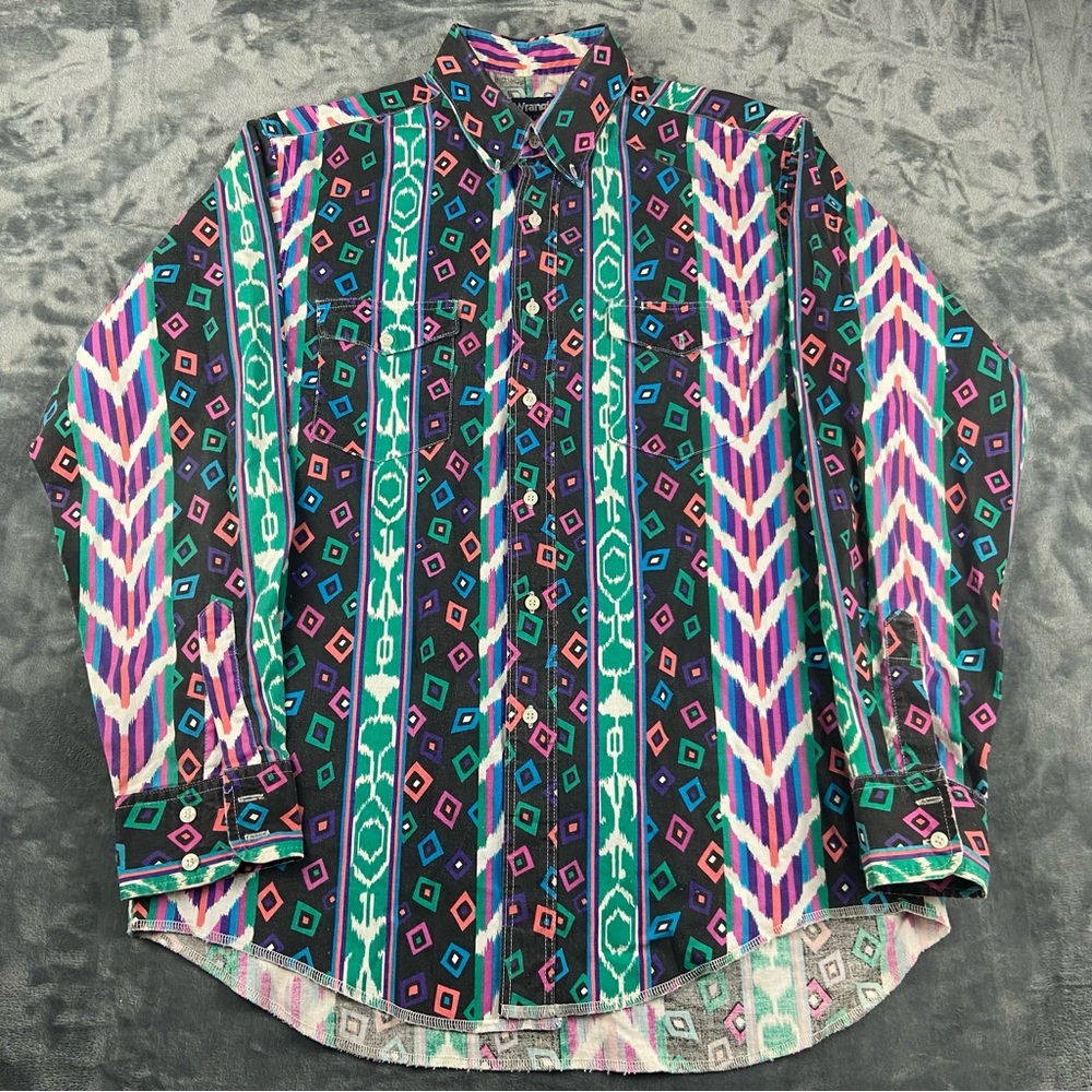 VTG Wrangler Striped Crazy Pattern Western Cowboy Brushpopper Shirt Sz 16.5-35